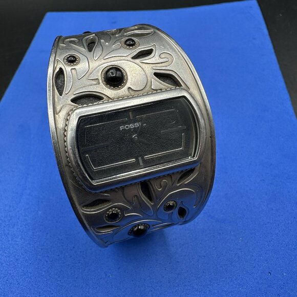 Vintage Fossil Womens Watch Wide Stainless Steel Cuff Leather Band 90’s Bracelet - Picture 2 of 15